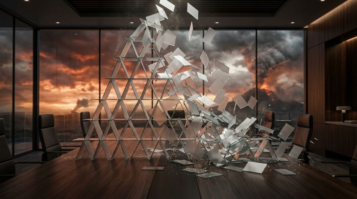 Castillo de naipes corporativo de cristal colapsando sobre una mesa de juntas de oficina, simbolizando la fragilidad empresarial ante crisis imprevistas.