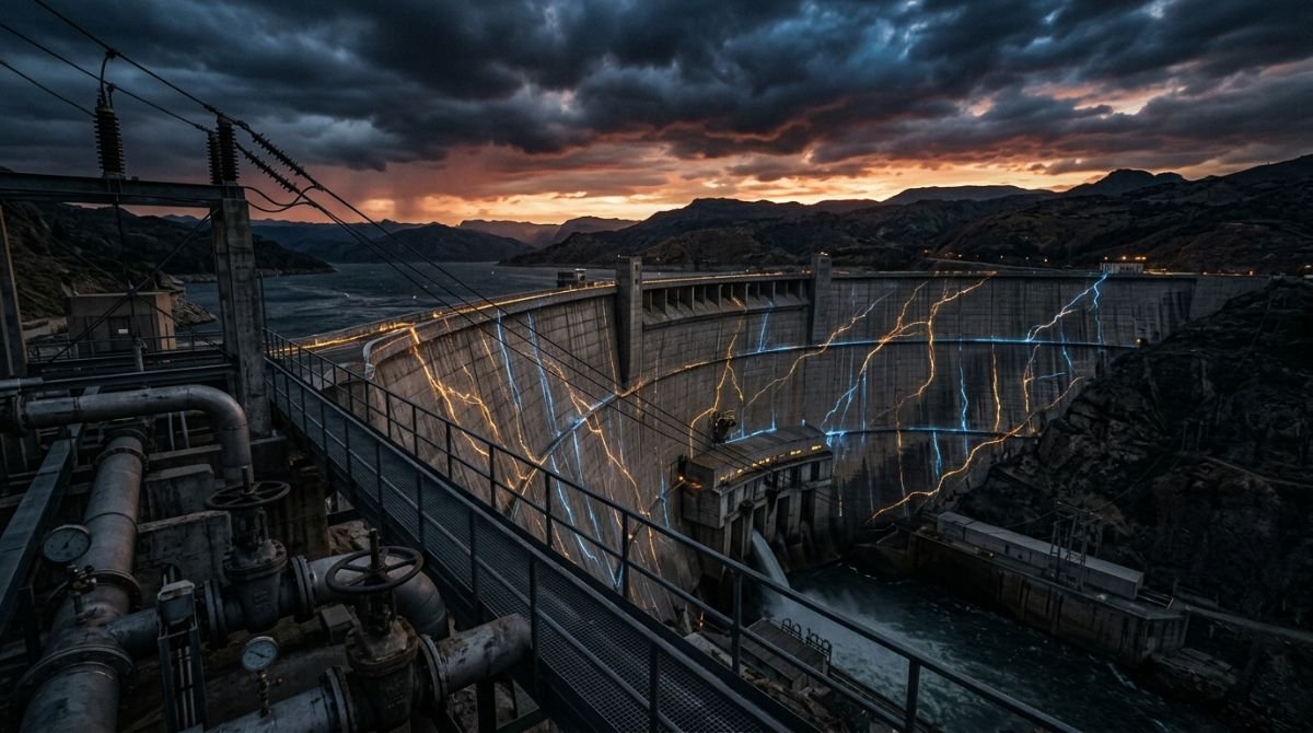 Estructura de represa hidráulica iluminada con líneas de energía y datos que representan la fragilidad de las infraestructuras críticas.