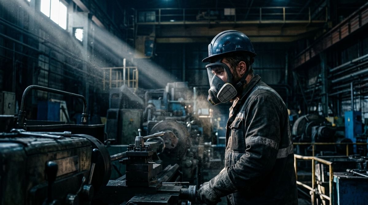 Trabajador industrial con mascara de respiracion profesional en un entorno de fabrica con particulas suspendidas iluminadas de forma cinematografica