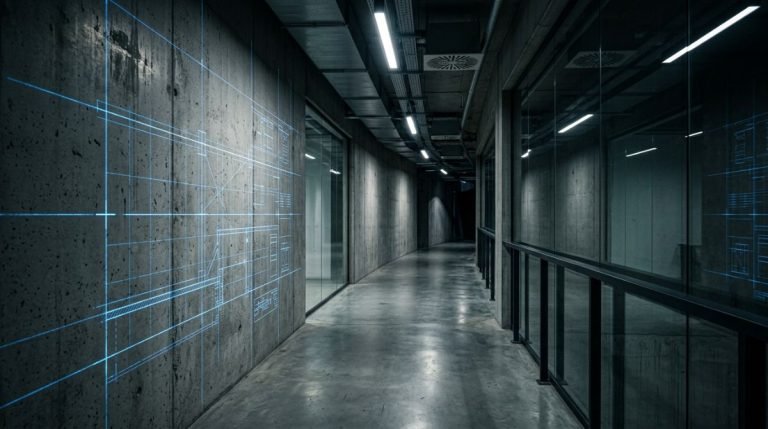 Pasillo de hormigón moderno bajo un análisis de seguridad con líneas de luz azul que simulan vectores de fuerza y vulnerabilidad.