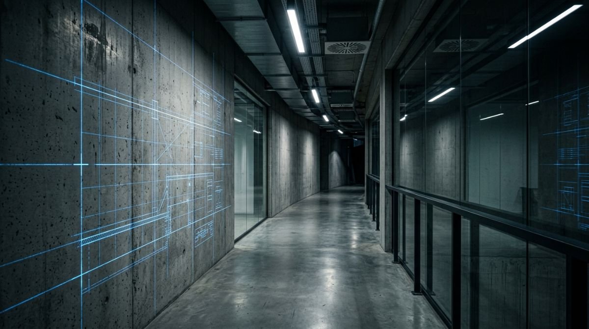 Pasillo de hormigón moderno bajo un análisis de seguridad con líneas de luz azul que simulan vectores de fuerza y vulnerabilidad.