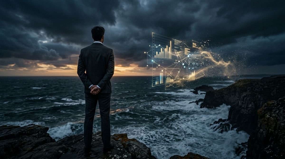 Un ejecutivo ante un océano tormentoso y un holograma de datos que se desvanece, simbolizando el riesgo y la ilusión de control