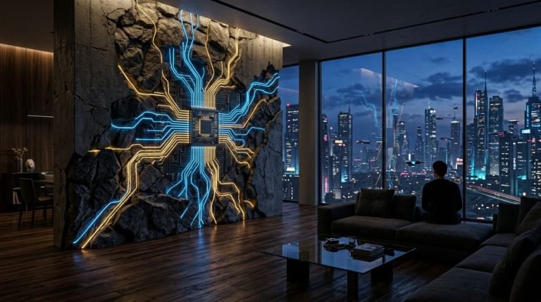 Pared de piedra y hormigon fusionada con circuitos de luz digital en un apartamento inteligente, simbolizando la domotica y la seguridad digital.