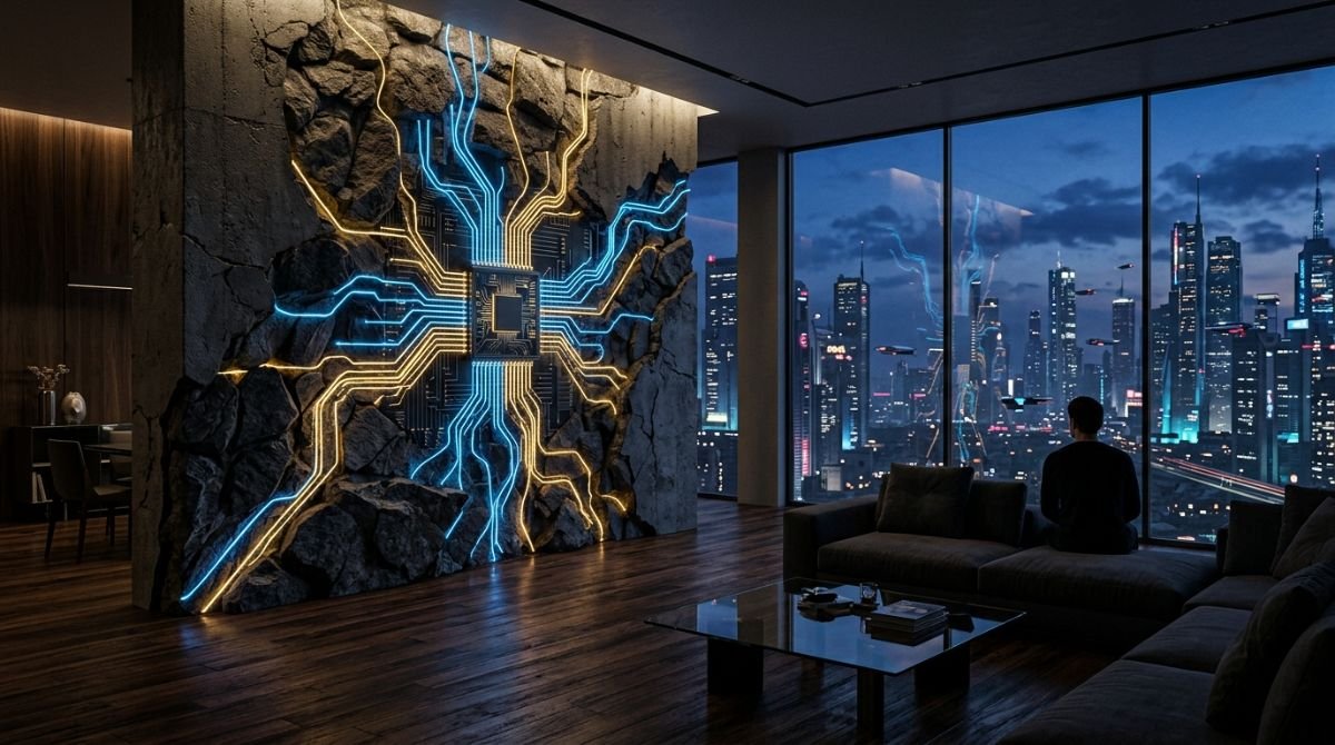Pared de piedra y hormigon fusionada con circuitos de luz digital en un apartamento inteligente, simbolizando la domotica y la seguridad digital.