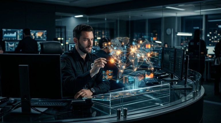 Holograma interactivo tridimensional que representa la gestión de riesgos corporativos y la cartografía de vulnerabilidades ocultas en una oficina moderna