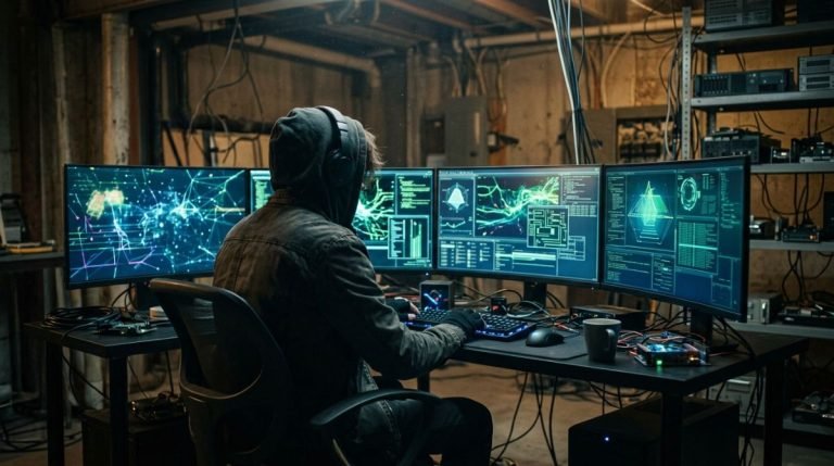 Hacker anonimo de espaldas trabajando con pantallas en un sotano oscuro de ciberseguridad.