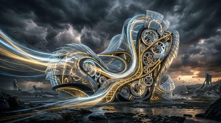 Estructura futurista que absorbe la energia del viento en una tormenta, representando la resiliencia y la gestion adaptativa ante el cambio.