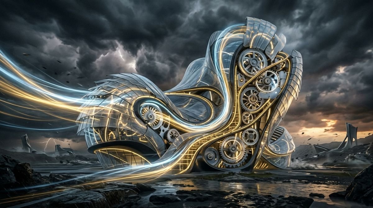 Estructura futurista que absorbe la energia del viento en una tormenta, representando la resiliencia y la gestion adaptativa ante el cambio.