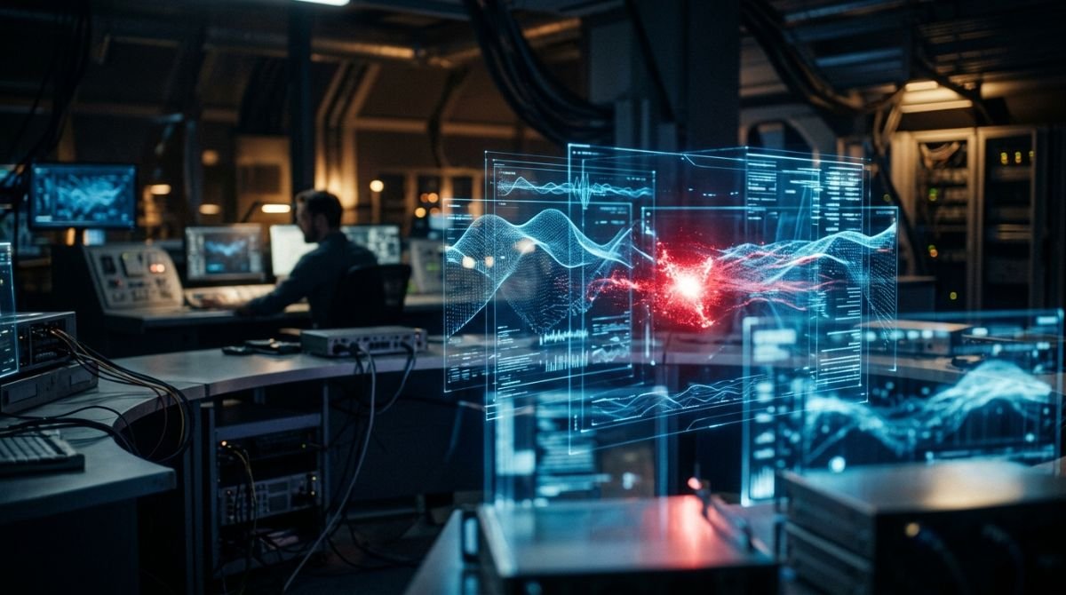 Representacion conceptual de la seguridad sistemica con capas de proteccion holograficas que interceptan un error, inspirada en las teorias de James Reason.