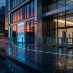 Línea de seguridad perimetral invisible y tecnológica en un edificio corporativo moderno al atardecer