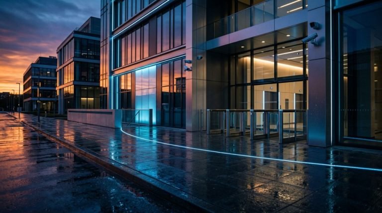 Línea de seguridad perimetral invisible y tecnológica en un edificio corporativo moderno al atardecer