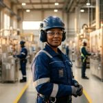 Trabajador industrial con equipo de proteccion avanzado en una fabrica moderna que prioriza la seguridad y la salud ocupacional.