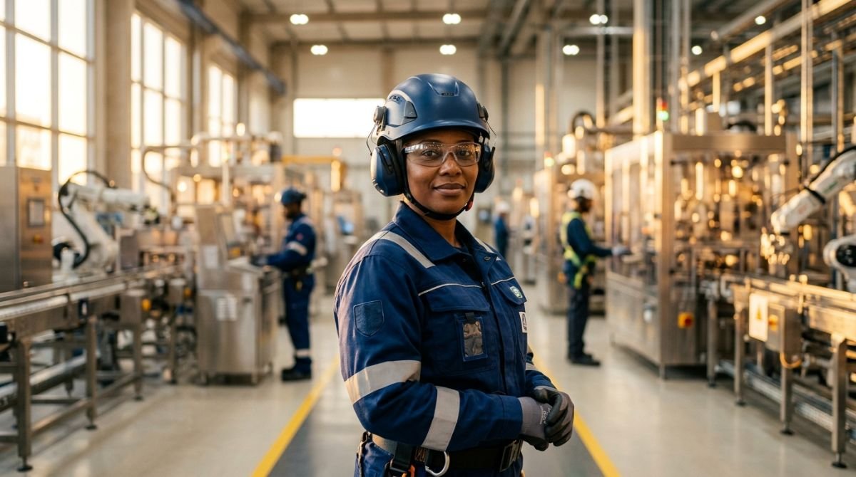 Trabajador industrial con equipo de proteccion avanzado en una fabrica moderna que prioriza la seguridad y la salud ocupacional.