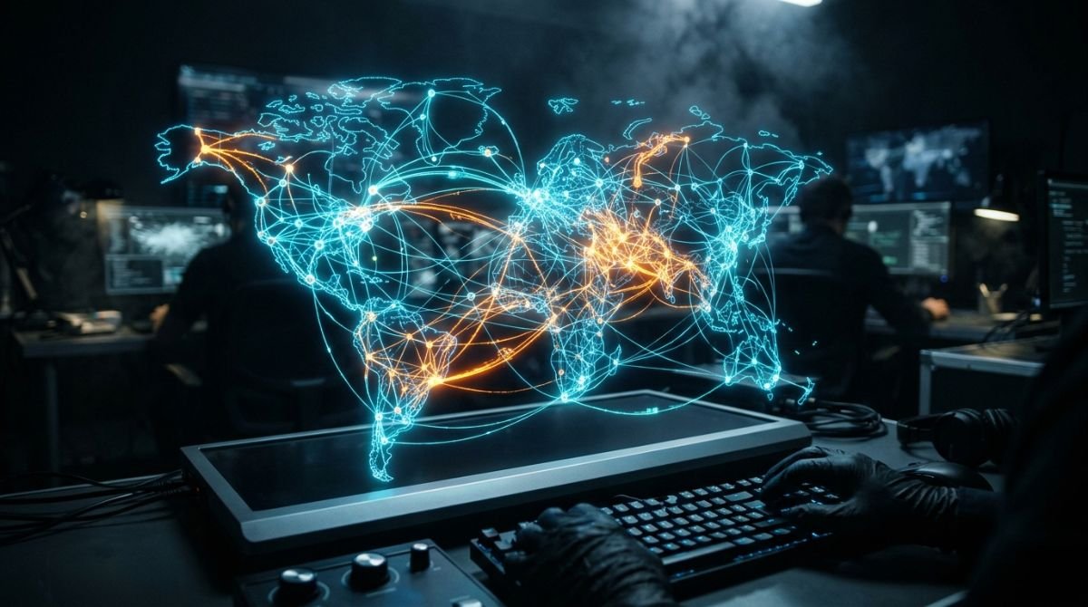 Representación de un mapa de red holográfico con vulnerabilidades de seguridad expuestas en un entorno de hacking ético.