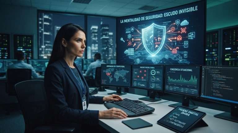 Mentalidad de seguridad digital: persona protegiendo información y datos personales en dispositivos