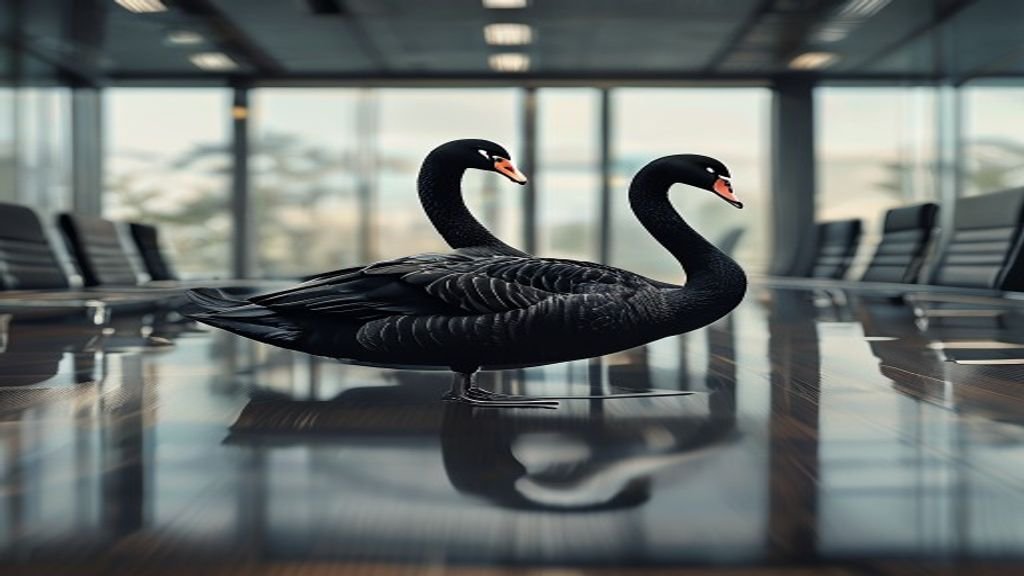 Cisne negro simbólico sobre mesa de directorio, representa eventos impredecibles y resiliencia empresarial
