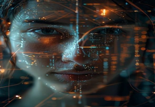 Rostro humano con velo digital, simbolizando la identidad y vulnerabilidad en la era digital y los riesgos en juegos en línea para niños.
