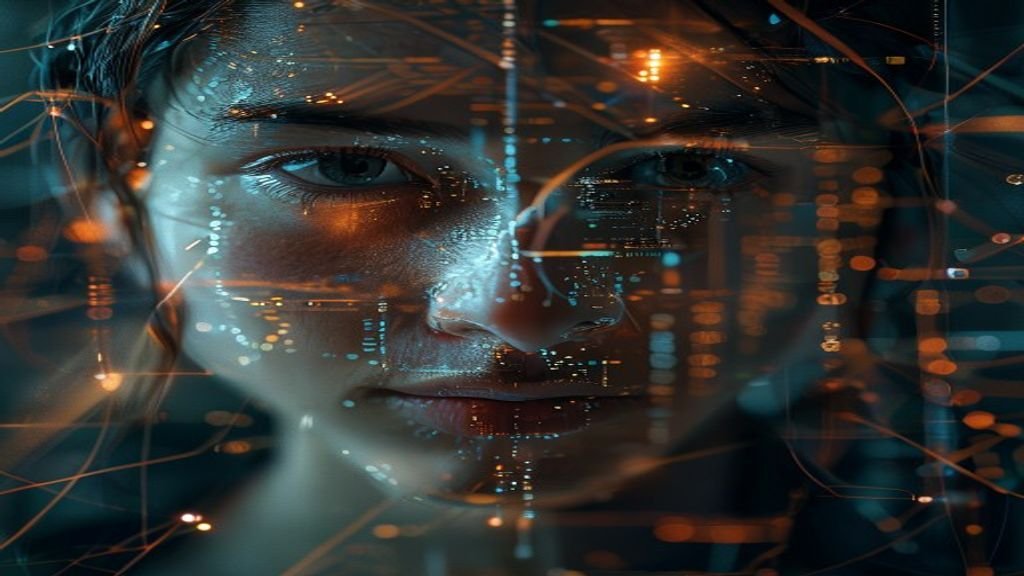 Rostro humano con velo digital, simbolizando la identidad y vulnerabilidad en la era digital y los riesgos en juegos en línea para niños.