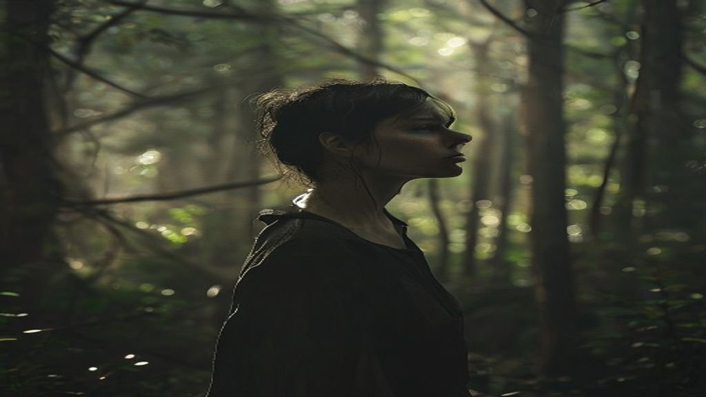 Persona en actitud de alerta instintiva en un bosque, simbolizando la intuición y el valor biológico de la sospecha para la seguridad personal y la toma de decisiones.