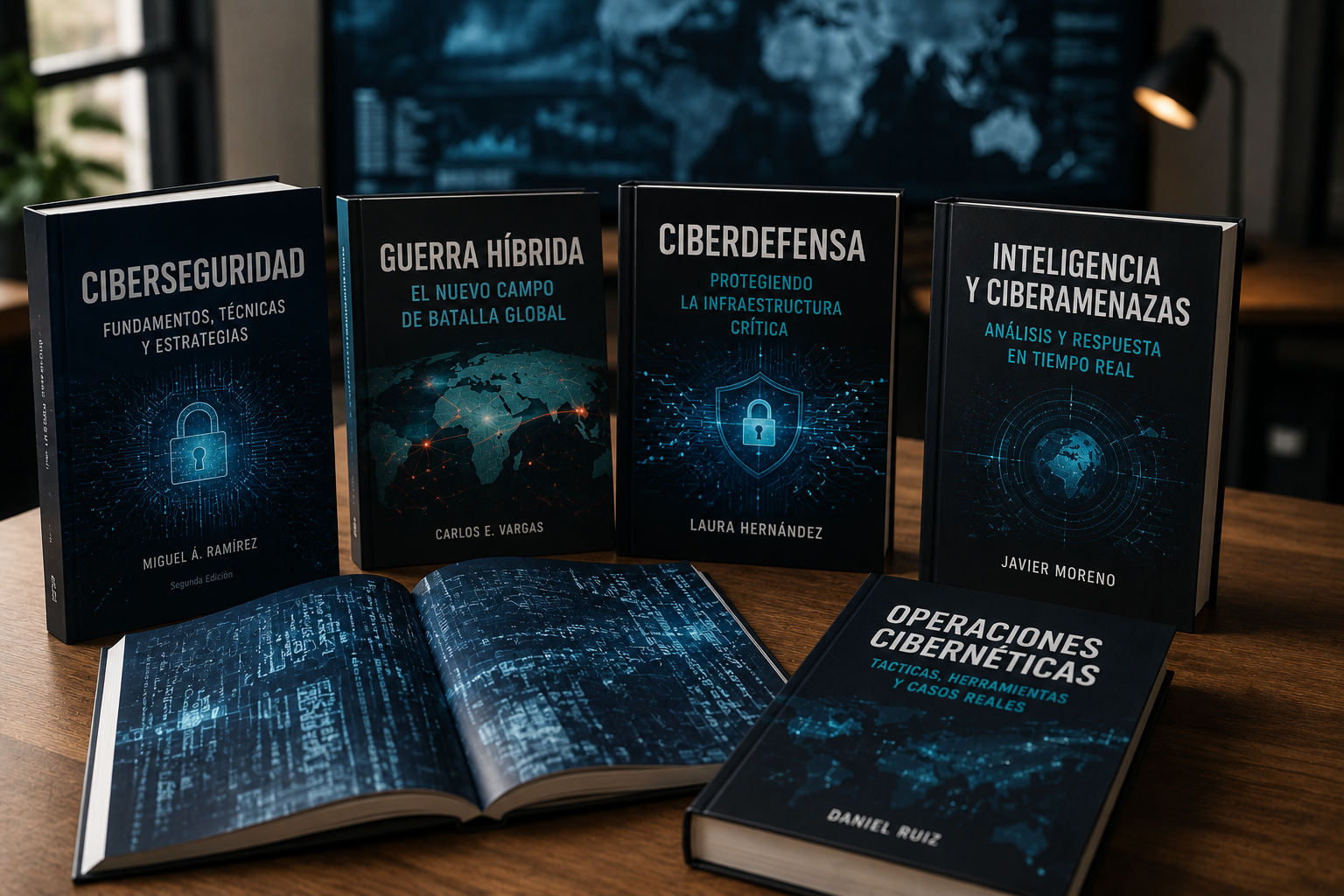 Libros clave de ciberseguridad sobre guerra híbrida, estrategia digital, protección de datos y geopolítica.