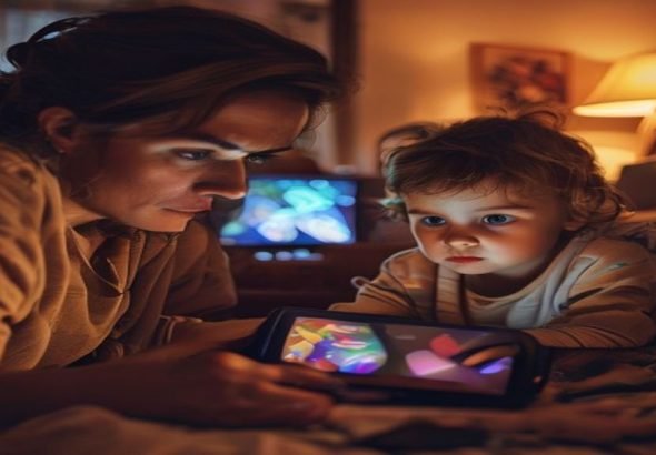 Padre o madre observando discretamente a su hijo jugando en tablet, reflejando la parentalidad digital y el equilibrio del tiempo de pantalla.