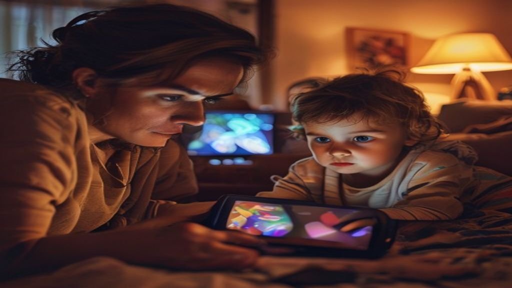 Padre o madre observando discretamente a su hijo jugando en tablet, reflejando la parentalidad digital y el equilibrio del tiempo de pantalla.