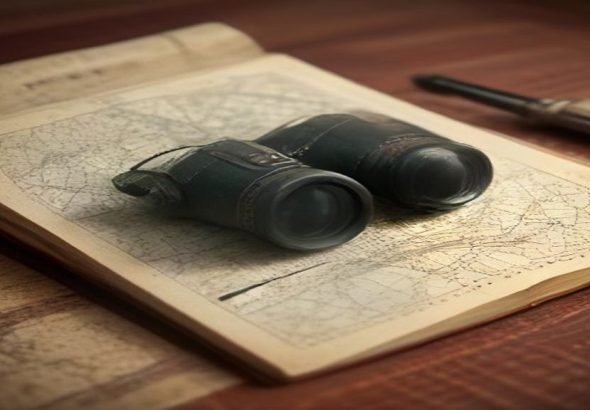 Binoculares vintage sobre un mapa urbano detallado, simbolizando la contravigilancia y detección de seguimientos en ciudades.