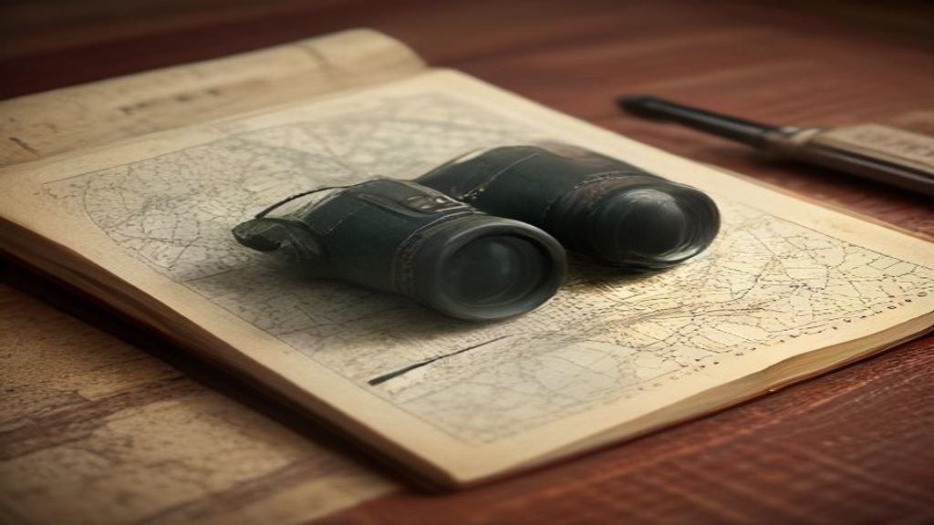 Binoculares vintage sobre un mapa urbano detallado, simbolizando la contravigilancia y detección de seguimientos en ciudades.
