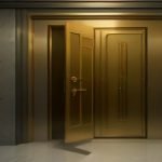 Puerta de bóveda de alta seguridad con mecanismos de cierre complejos y cámaras, simbolizando protección y acceso.