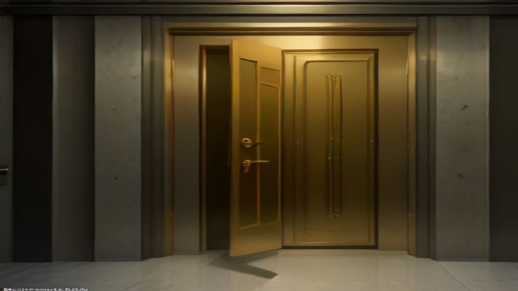 Puerta de bóveda de alta seguridad con mecanismos de cierre complejos y cámaras, simbolizando protección y acceso.