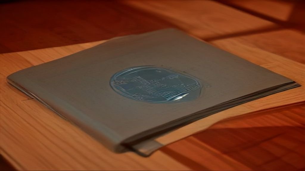 Documento técnico de ciberseguridad con diagramas, brújula y servidor en miniatura sobre escritorio de madera.