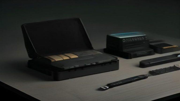 Colección de herramientas de seguridad física como ganzúas, clonador RFID, USB y cámara de reconocimiento.