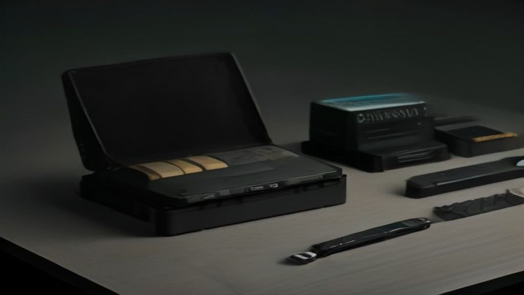 Colección de herramientas de seguridad física como ganzúas, clonador RFID, USB y cámara de reconocimiento.
