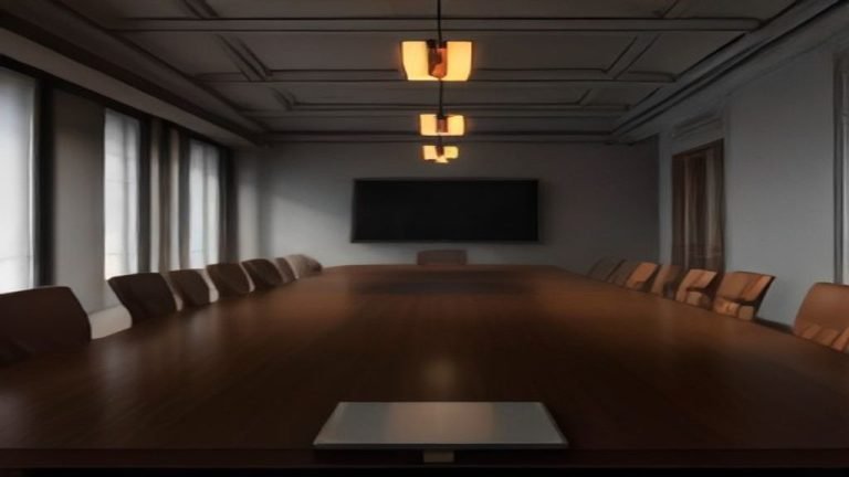Mesa de sala de juntas con tablet mostrando un panel de riesgo cibernético y documentos estratégicos.