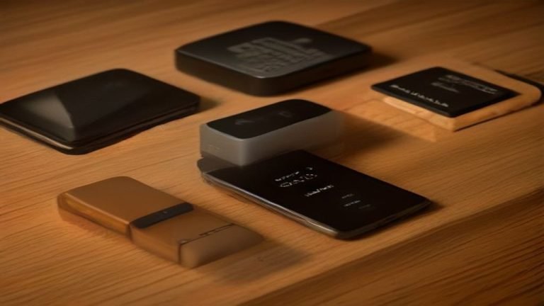 Dispositivos de rastreo Bluetooth y detector de RF con un smartphone en superficie de madera oscura.