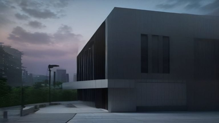 Cámara de seguridad moderna de tipo domo instalada en la esquina de un edificio contemporáneo, con una persona caminando en primer plano, simbolizando vigilancia y protección urbana.