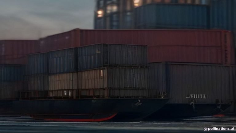 Red compleja de contenedores de envío y líneas de datos sobre una superficie oscura, con un tablero digital que muestra gráficos de riesgo y métricas.