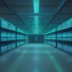Vista de un centro de datos moderno con servidores iluminados y flujos de datos abstractos, destacando un símbolo digital de seguridad.