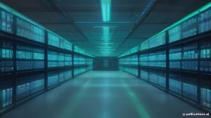 Vista de un centro de datos moderno con servidores iluminados y flujos de datos abstractos, destacando un símbolo digital de seguridad.