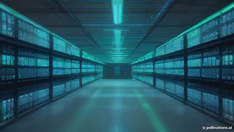 Vista de un centro de datos moderno con servidores iluminados y flujos de datos abstractos, destacando un símbolo digital de seguridad.