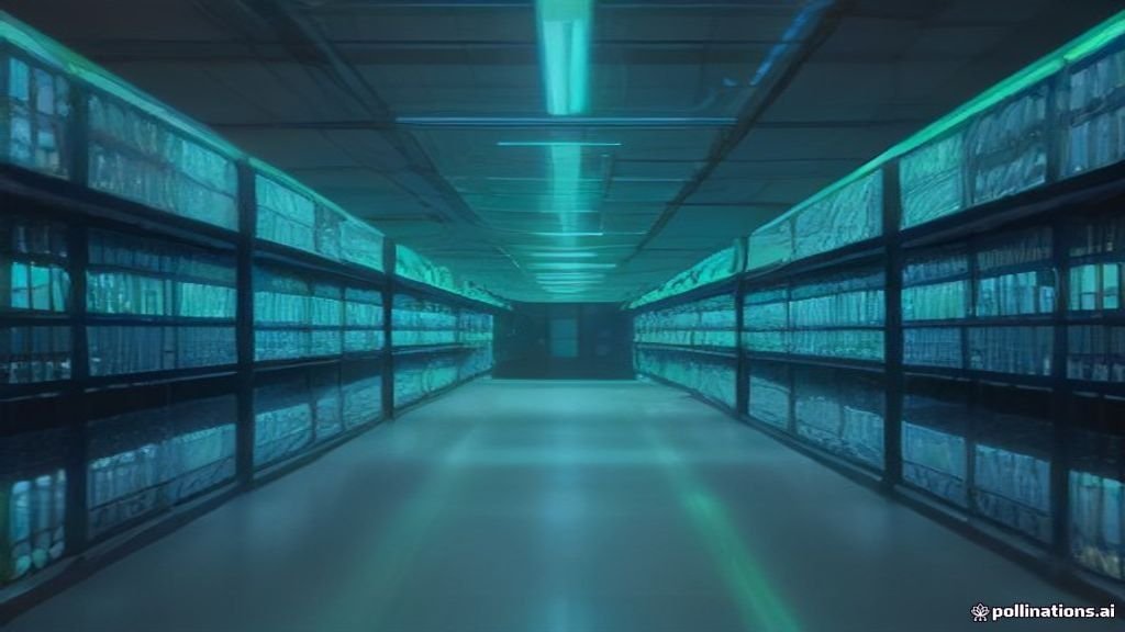 Vista de un centro de datos moderno con servidores iluminados y flujos de datos abstractos, destacando un símbolo digital de seguridad.