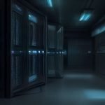 Vista detallada de un rack de servidores con luces indicadoras y un símbolo de seguridad digital proyectado, representando la protección de datos.