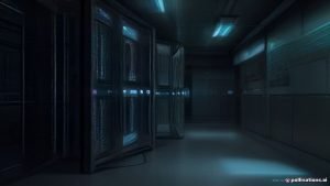 Vista detallada de un rack de servidores con luces indicadoras y un símbolo de seguridad digital proyectado, representando la protección de datos.