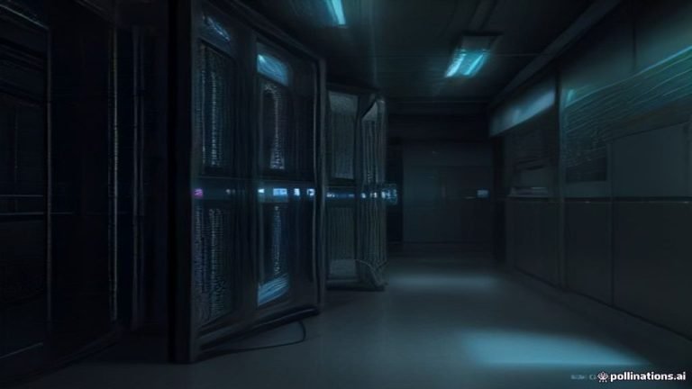 Vista detallada de un rack de servidores con luces indicadoras y un símbolo de seguridad digital proyectado, representando la protección de datos.