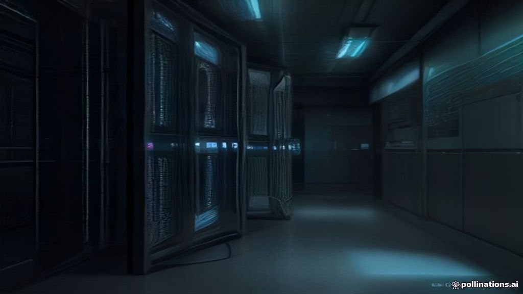 Vista detallada de un rack de servidores con luces indicadoras y un símbolo de seguridad digital proyectado, representando la protección de datos.