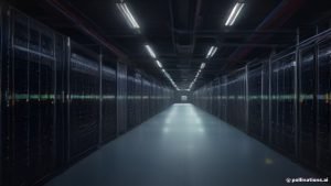 Detalle de un entorno de centro de datos con servidores interconectados, cables de red luminosos y luces indicadoras de actividad, simbolizando una infraestructura de ciberseguridad robusta y segmentada.